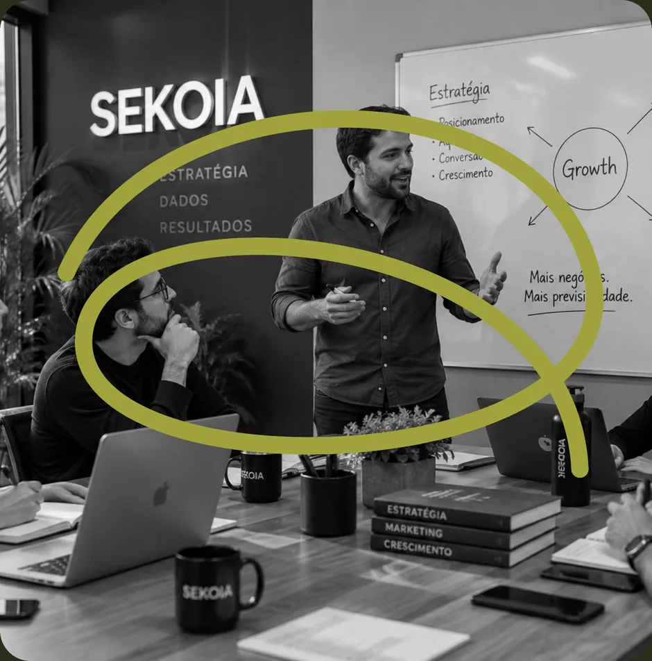 Equipe da Sekoia apresentando a estratégia que conecta página, campanha e rastreamento