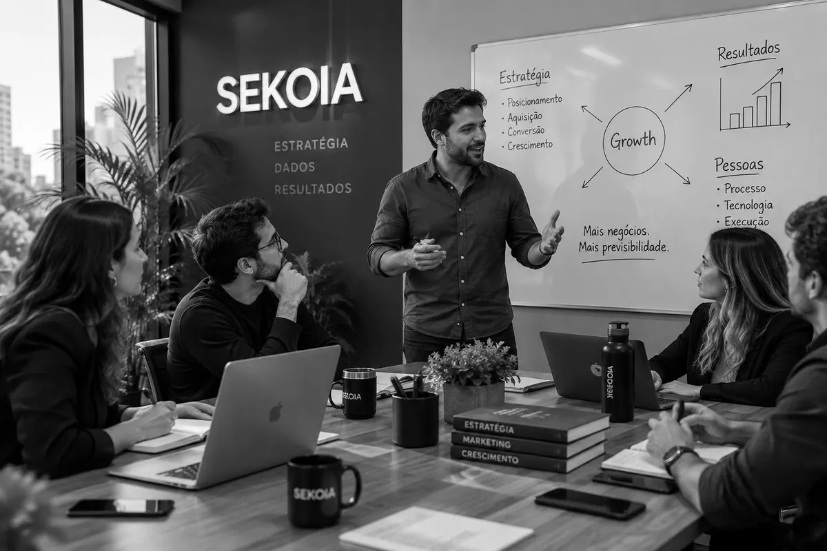 Equipe da Sekoia em reunião de estratégia de growth marketing