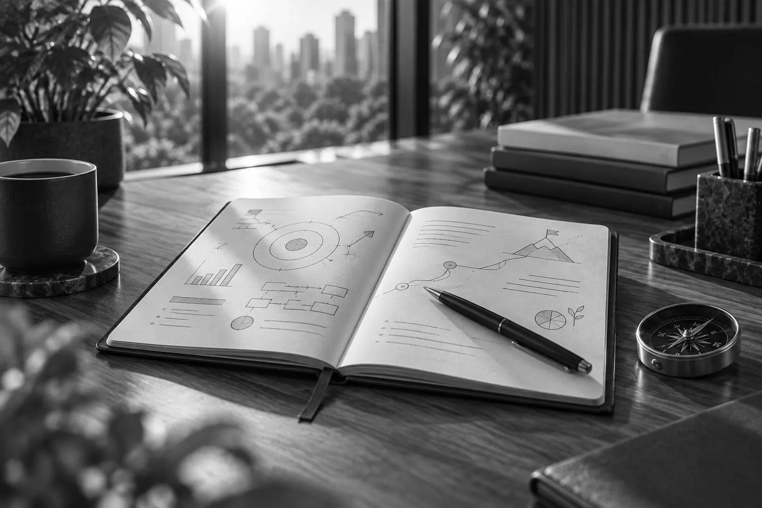 Caderno com planejamento estratégico de marketing digital sobre a mesa